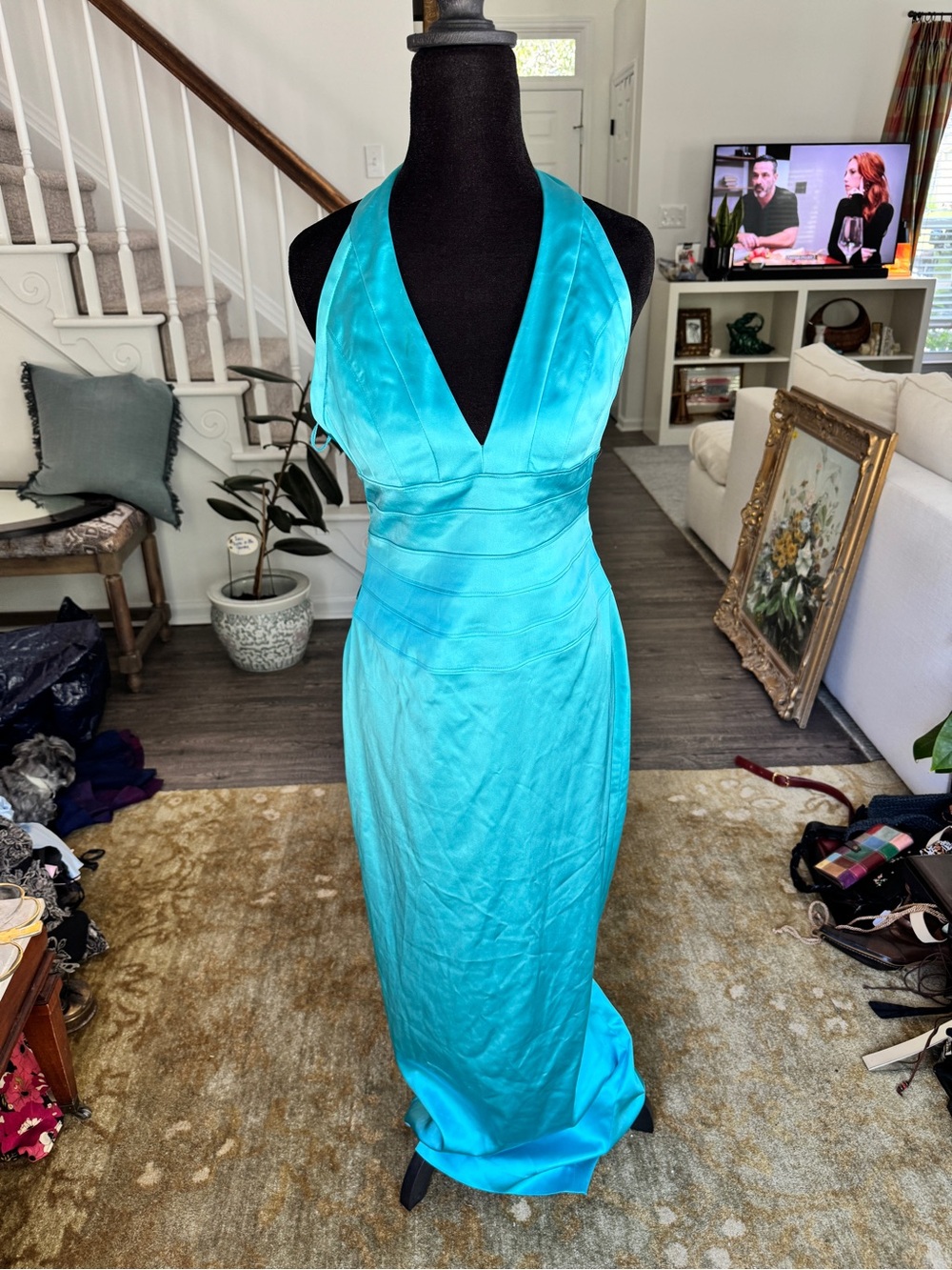 Cache Y2K Mermaid core Turquoise Halter Satin Maxi Dress